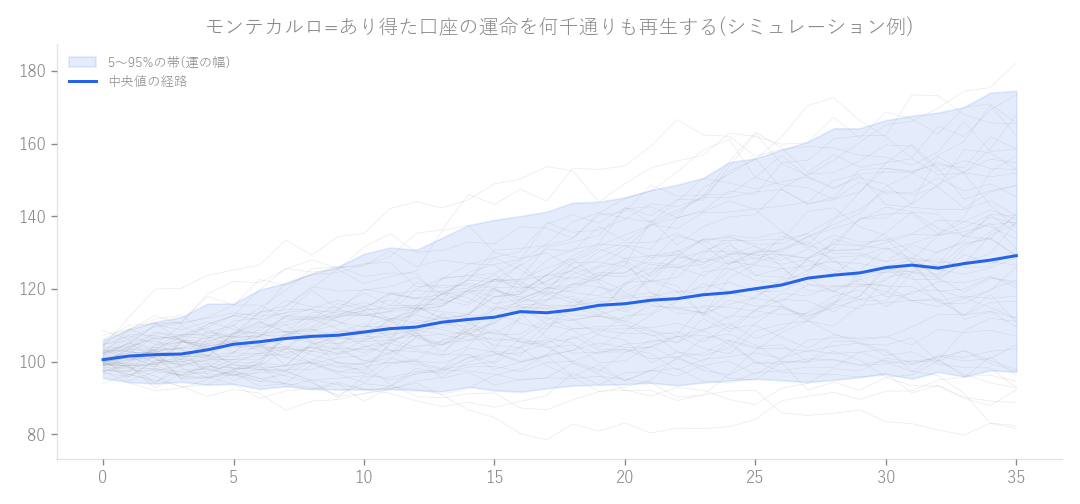 図: モンテカルロの考え方(シミュレーション例)。あり得た口座の運命を何千通りも再生し、運の幅ごと評価します。